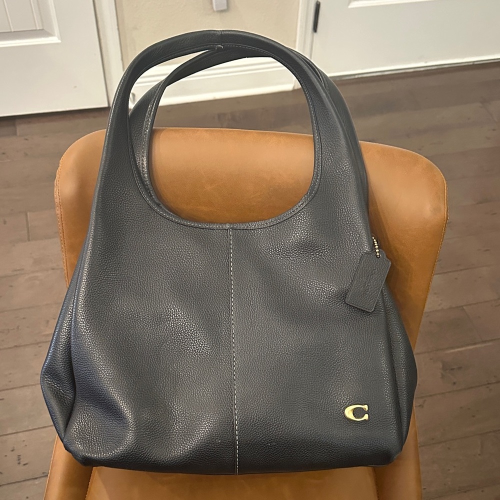 Coach Black Leather Hobo Shoulder Bag with Gold 'C' Accent